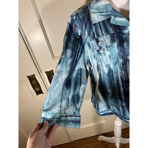 Chicos Women’s Metallic Blue White Splash Design Blazer Jacket Size XL - Picture 4 of 10